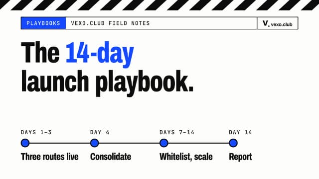 Timeline of a 14-day q-commerce launch in four marks — influencer launch playbook, vexo.club