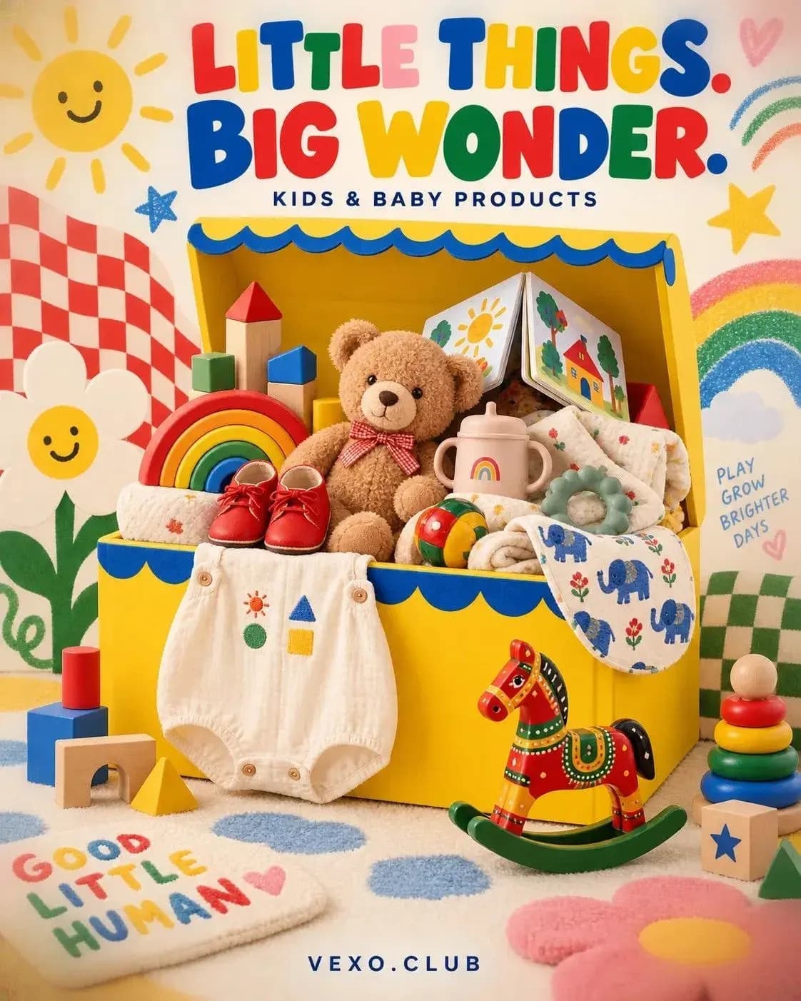 Kids and toys brand kit with loud colour, soft edges and parent-trust badges, by Vexo.club