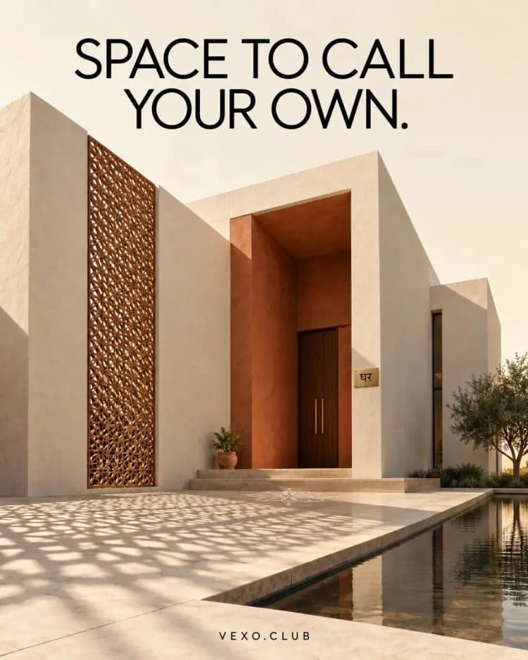Residential real estate key visual of a home in warm evening light, real estate design by Vexo.club