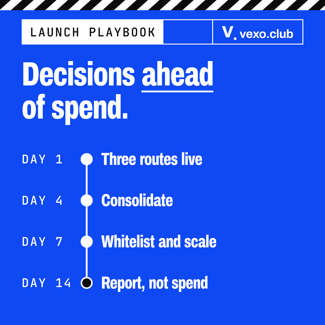 Timeline of the q-commerce influencer launch playbook: day 1 routes live, day 4 consolidate, day 7 whitelist, day 14 report