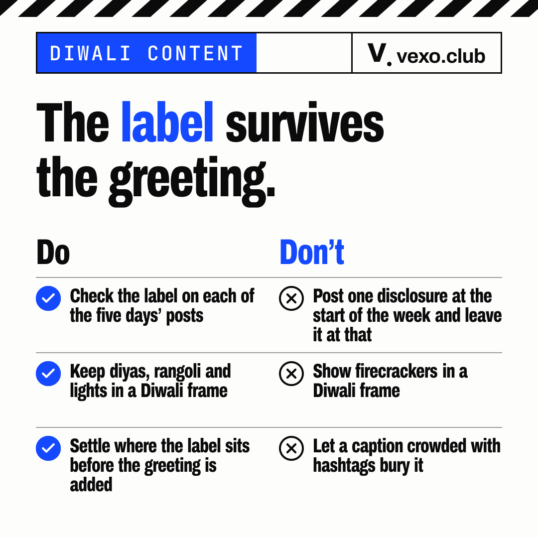 Do and don’t pairs for Diwali disclosure: label every day, diyas not firecrackers, Diwali influencer marketing India