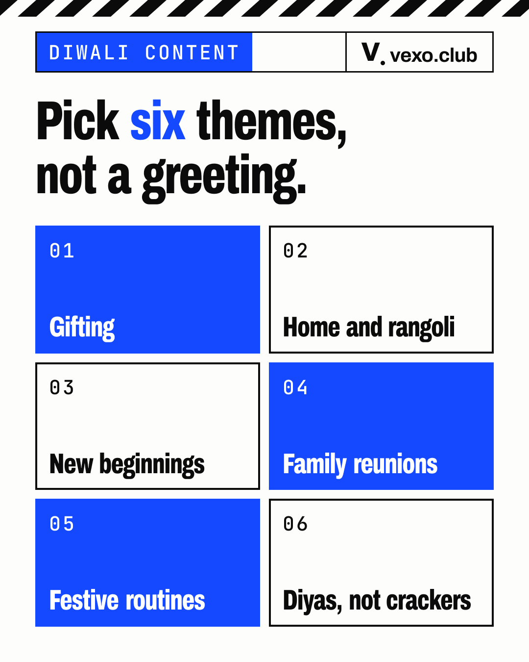 Grid of six Diwali content themes: gifting, home, new beginnings, family, Diwali influencer marketing campaigns India