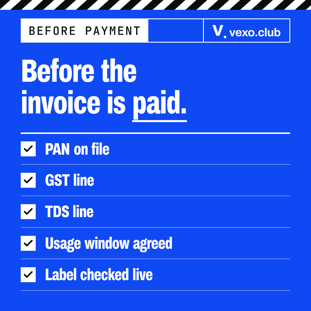 Influencer marketing checklist: five checks before an invoice is paid, PAN, GST line, TDS line, usage window and live label