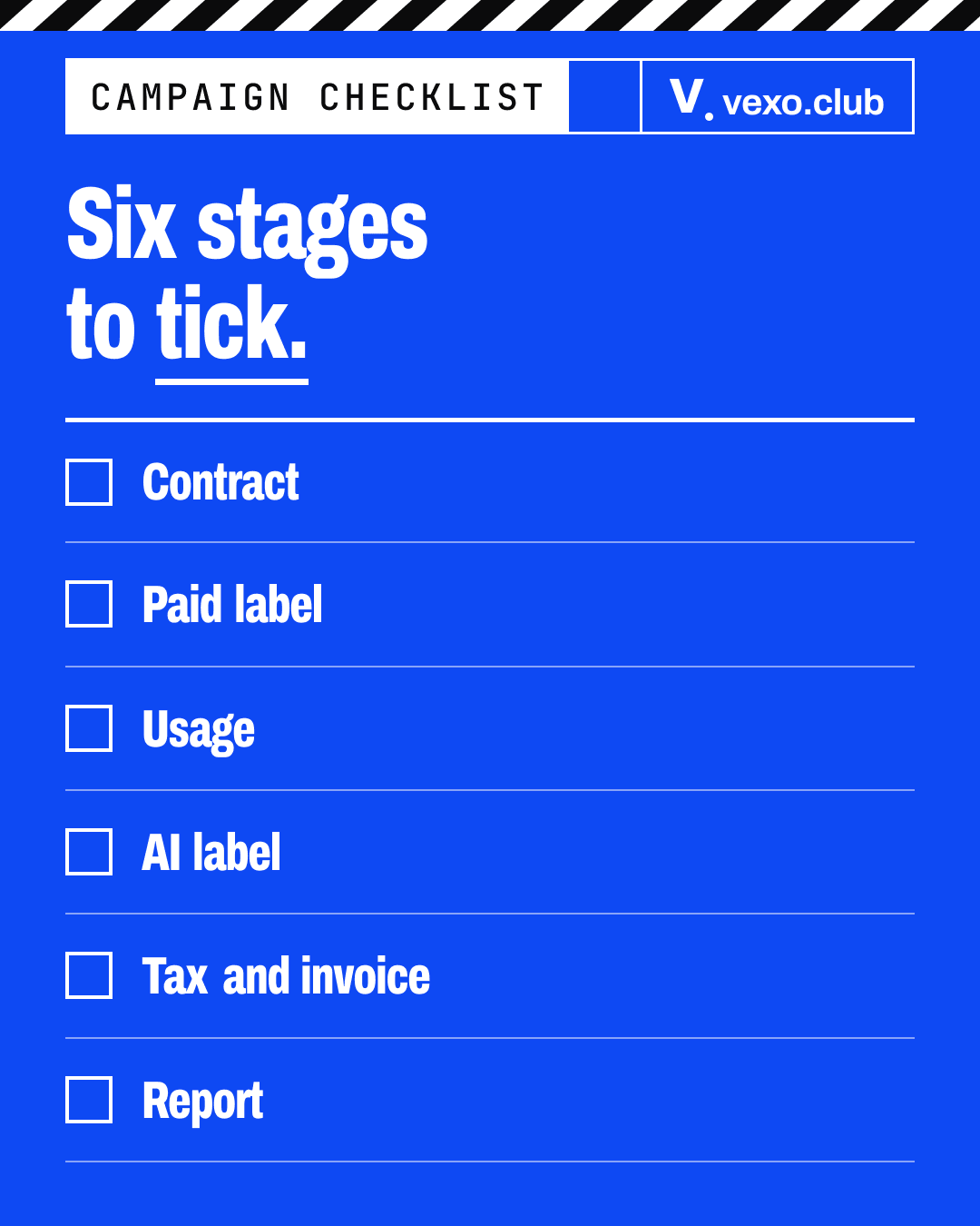 Influencer marketing checklist: six of its eleven stages as tick boxes, from contract and paid label to tax and the report