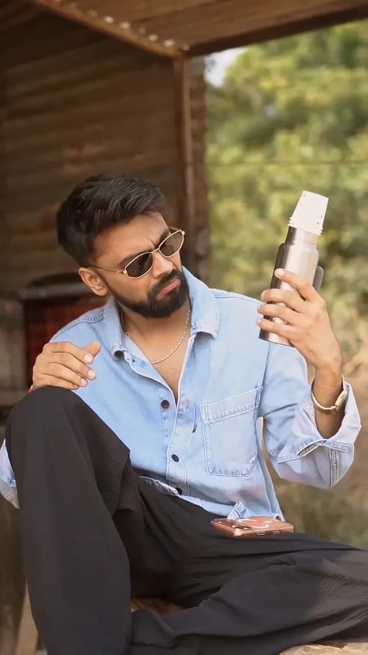 A creator in sunglasses and a denim shirt sits at a roadside tea stall holding a steel flask.