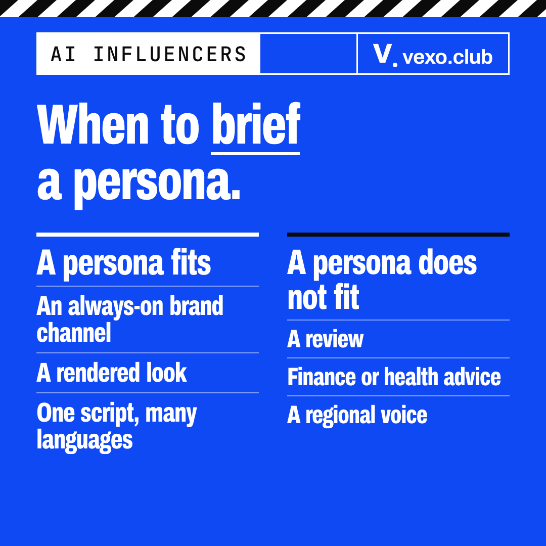 Two columns: when a virtual persona fits a brief and when it does not, AI influencers in India for brands