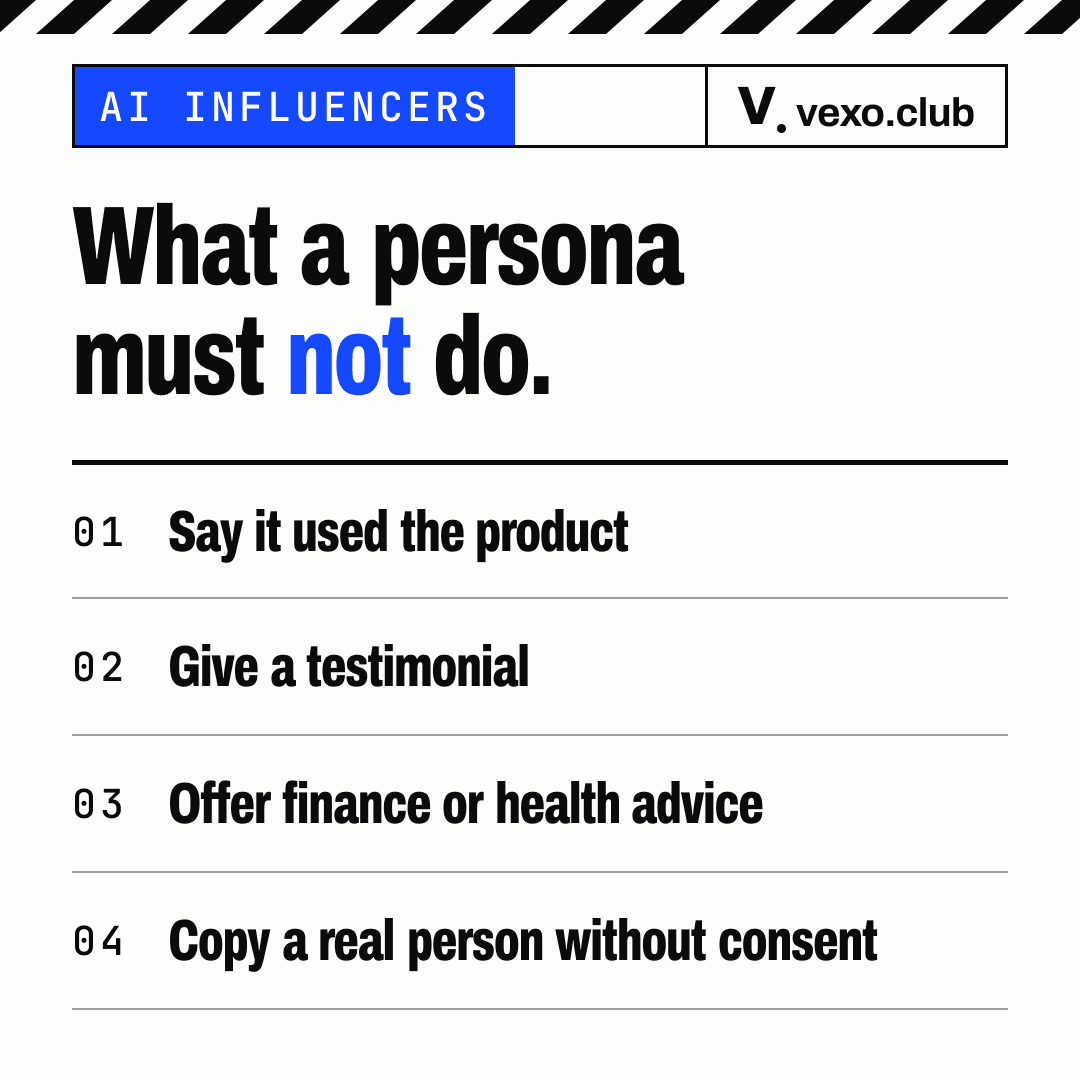 Checklist of four things an AI influencer’s post must not do: claim use, give a testimonial, advise, copy a person
