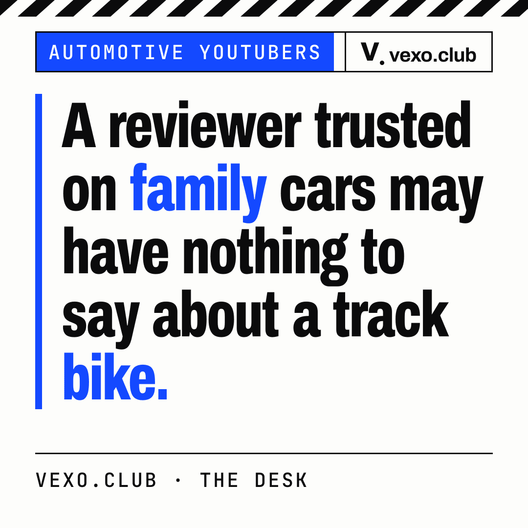Quote card: a reviewer trusted on family cars may have nothing to say about a track bike — car YouTubers in India