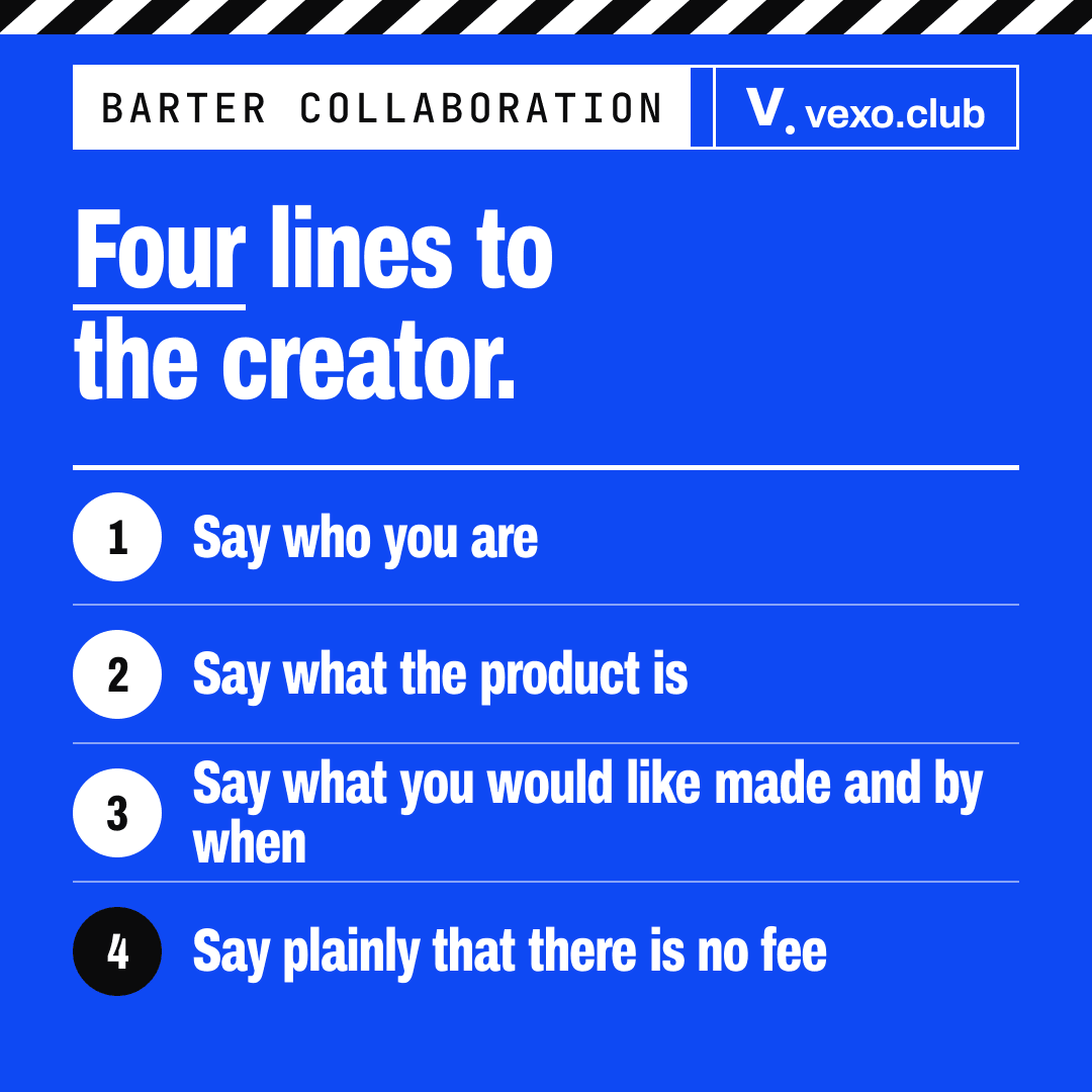 Four numbered lines to send a creator for a barter collab on Instagram: who you are, the product, the ask, no fee