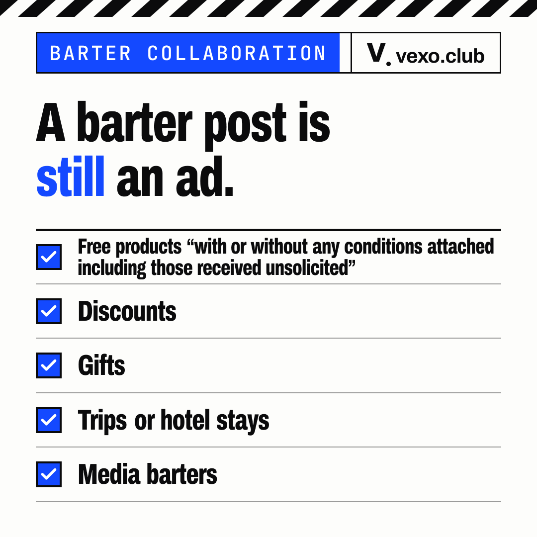 Checklist of material connections ASCI lists for a barter collab: free products, discounts, gifts, trips, media barters