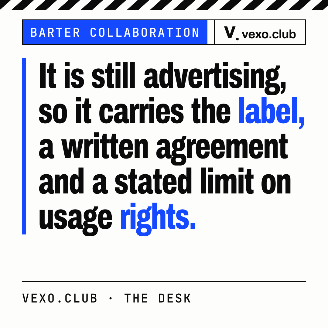 Quote card: a barter collab is still advertising, so it carries the label, a written agreement and a usage limit