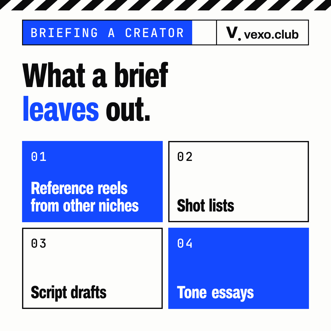 Grid of what to leave out when you brief an influencer: reference reels, shot lists, script drafts and tone essays