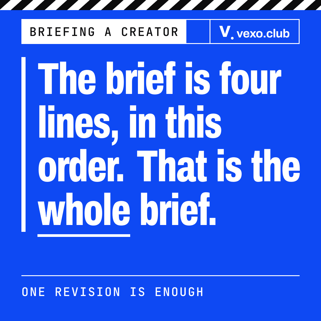 Quote card: the brief is four lines, in this order, and that is the whole brief, how to brief an influencer