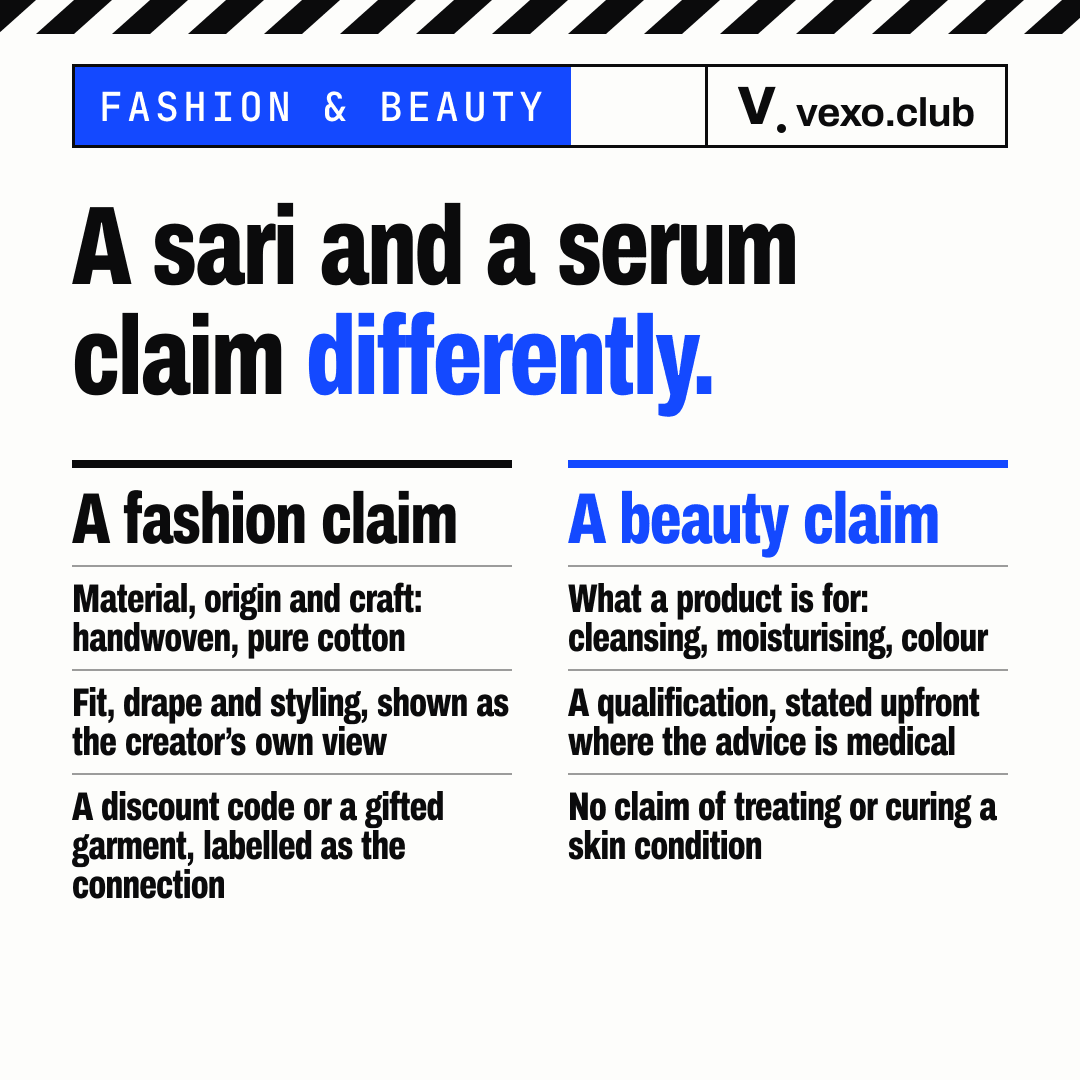 Split card: a fashion claim about material and origin against a beauty claim about qualification and condition