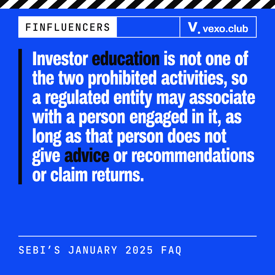 Quote card: investor education is not a prohibited activity if there is no advice or claim of returns — finfluencers