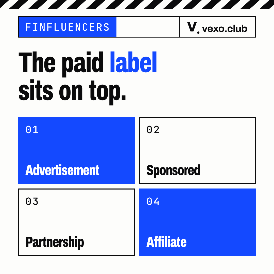 Grid of paid labels on ASCI’s permitted list: advertisement, sponsored, partnership and affiliate — finfluencers in India