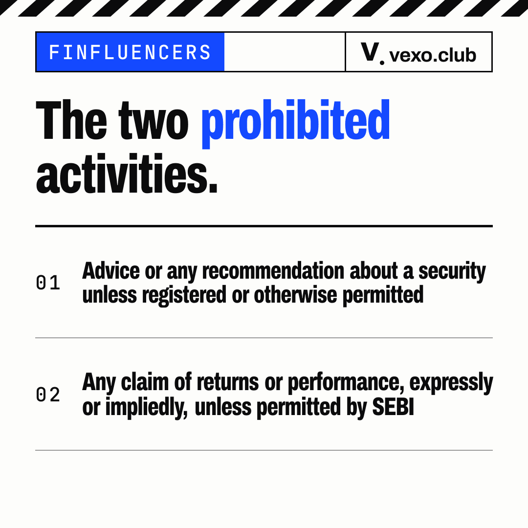 Two rows: the two activities SEBI’s rule covers, securities advice and claims of returns — finfluencers in India