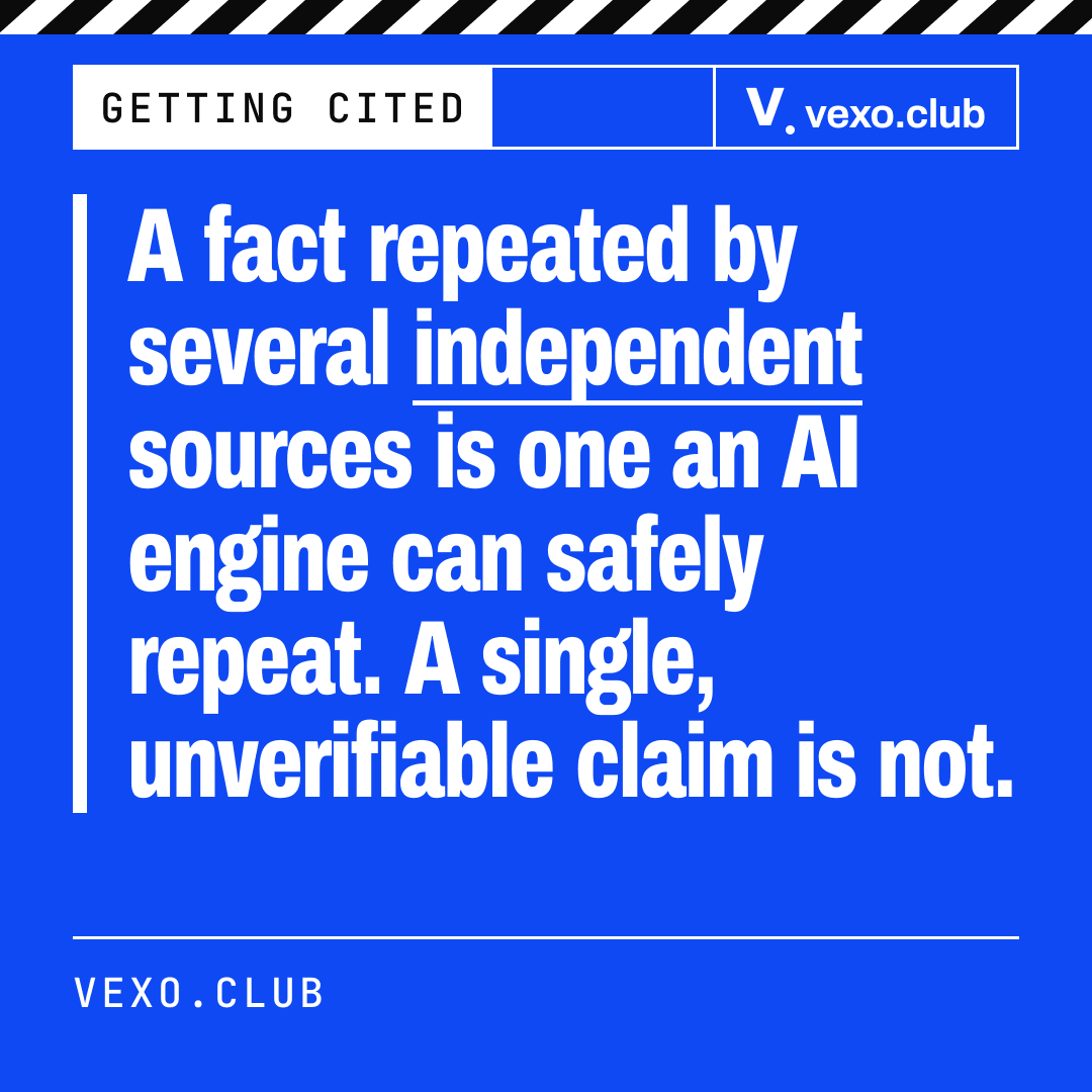 Quote card: a fact repeated by independent sources is safer to repeat than one unverifiable claim, AI search citations