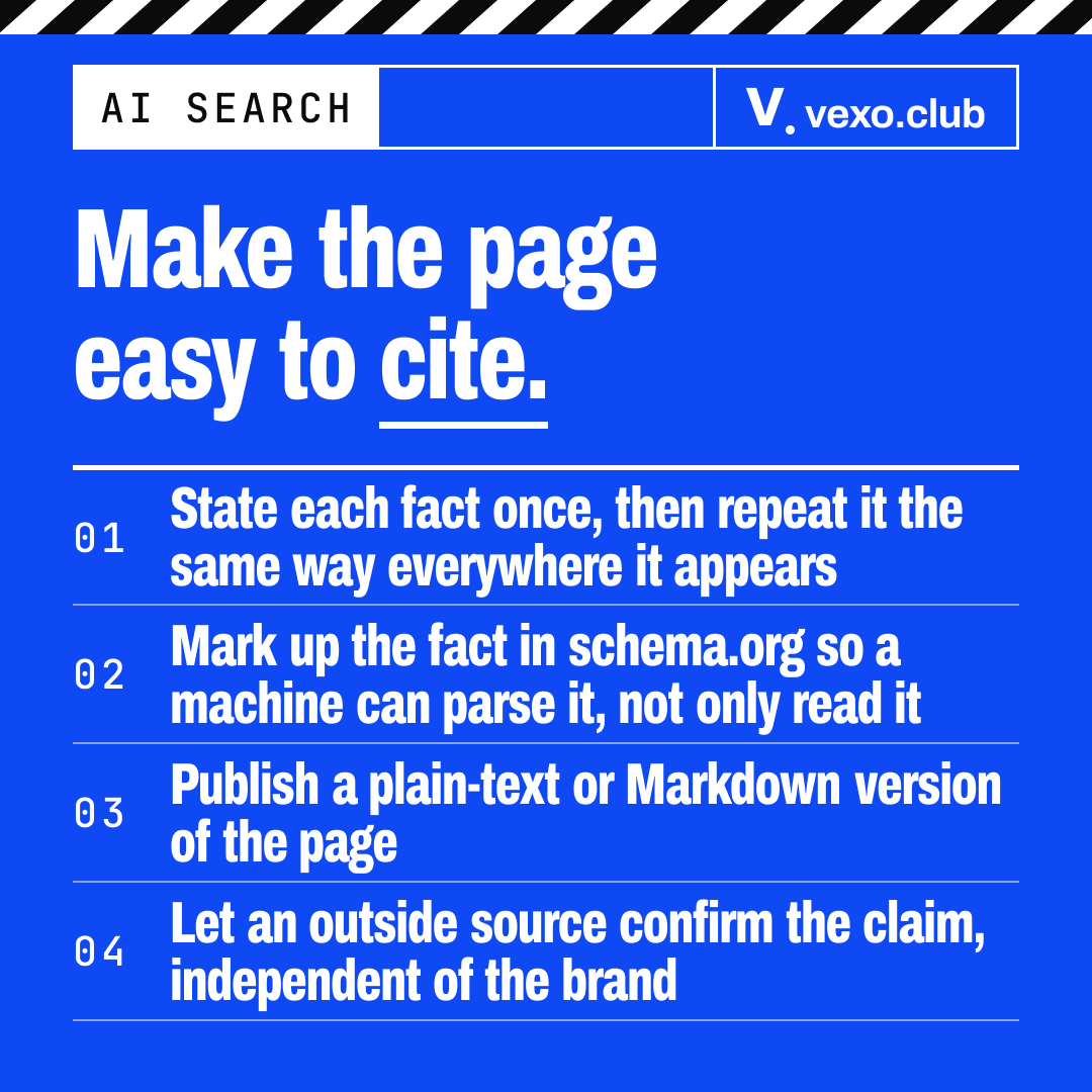 Four numbered habits: consistent facts, schema markup, a plain-text twin, and outside confirmation