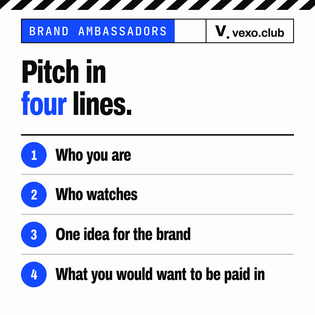 Four numbered lines of a pitch to a brand: who you are, who watches, one idea, what you would want to be paid in