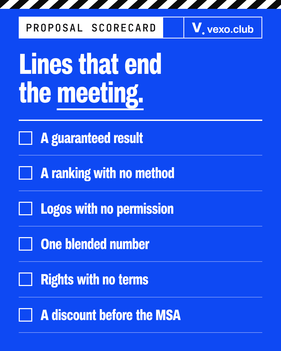 Six lines in an influencer marketing agency proposal that should end the meeting, drawn as a box checklist