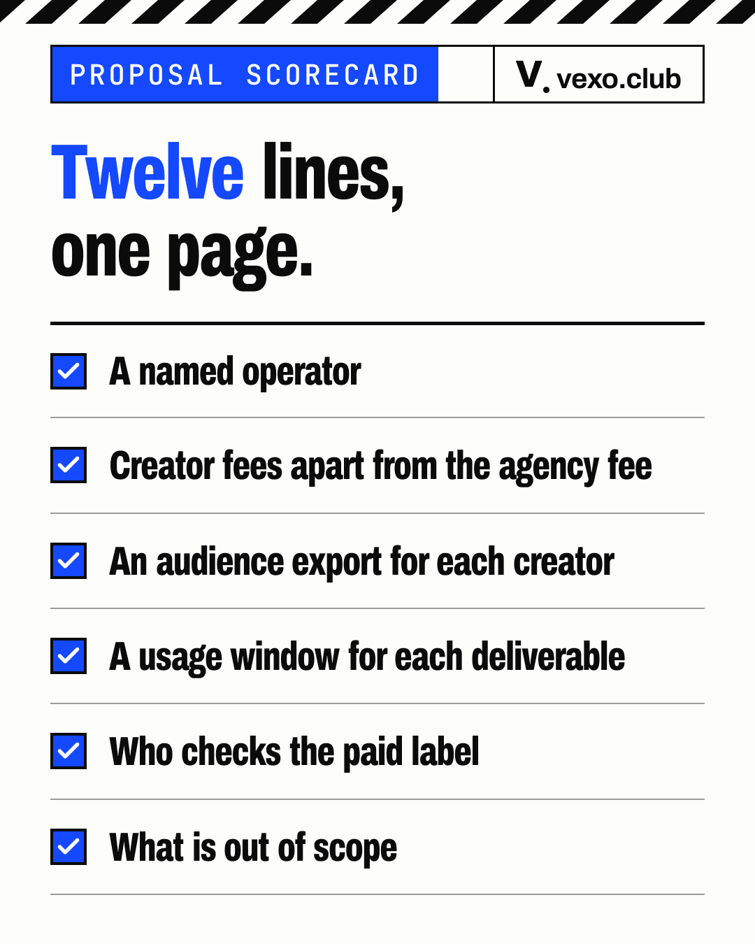 Checklist of six lines to find in an influencer marketing agency proposal, from the named operator to what is out of scope