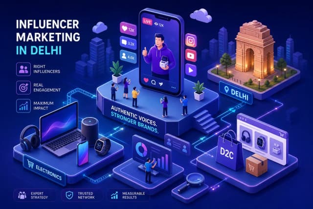 An isometric illustration of a creator on a phone screen beside India Gate, electronics and a D2C storefront, under the words "Influencer marketing in Delhi".