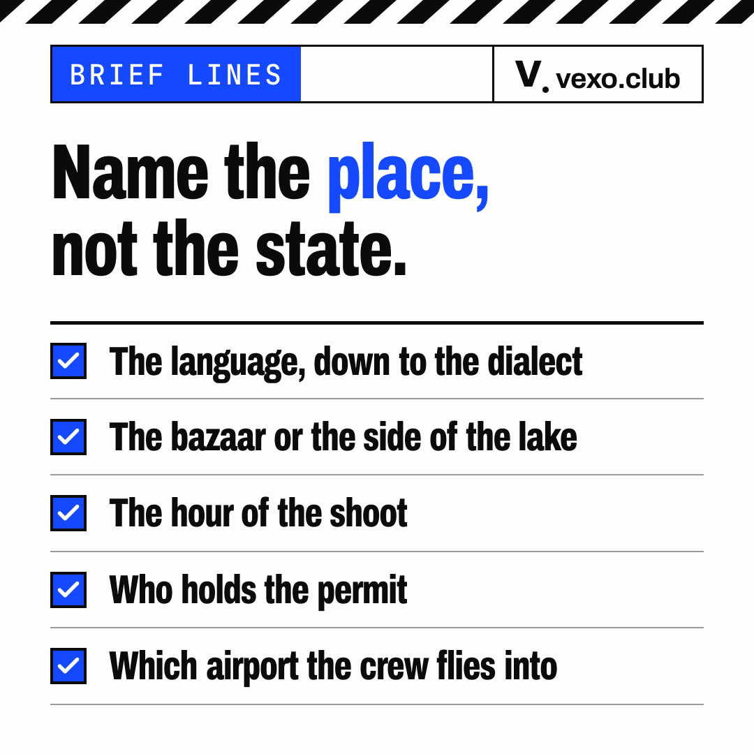 Checklist plate of five lines an Indore or Bhopal brief adds: language, place, hour, permit holder and airport