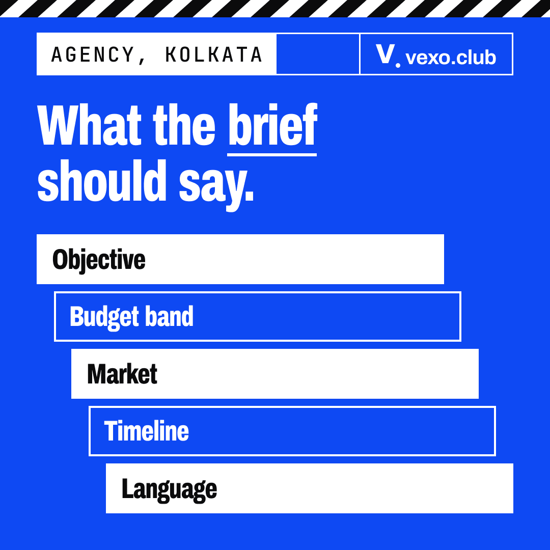 Stack of five lines a Kolkata brief should carry: objective, budget band, market, timeline, language
