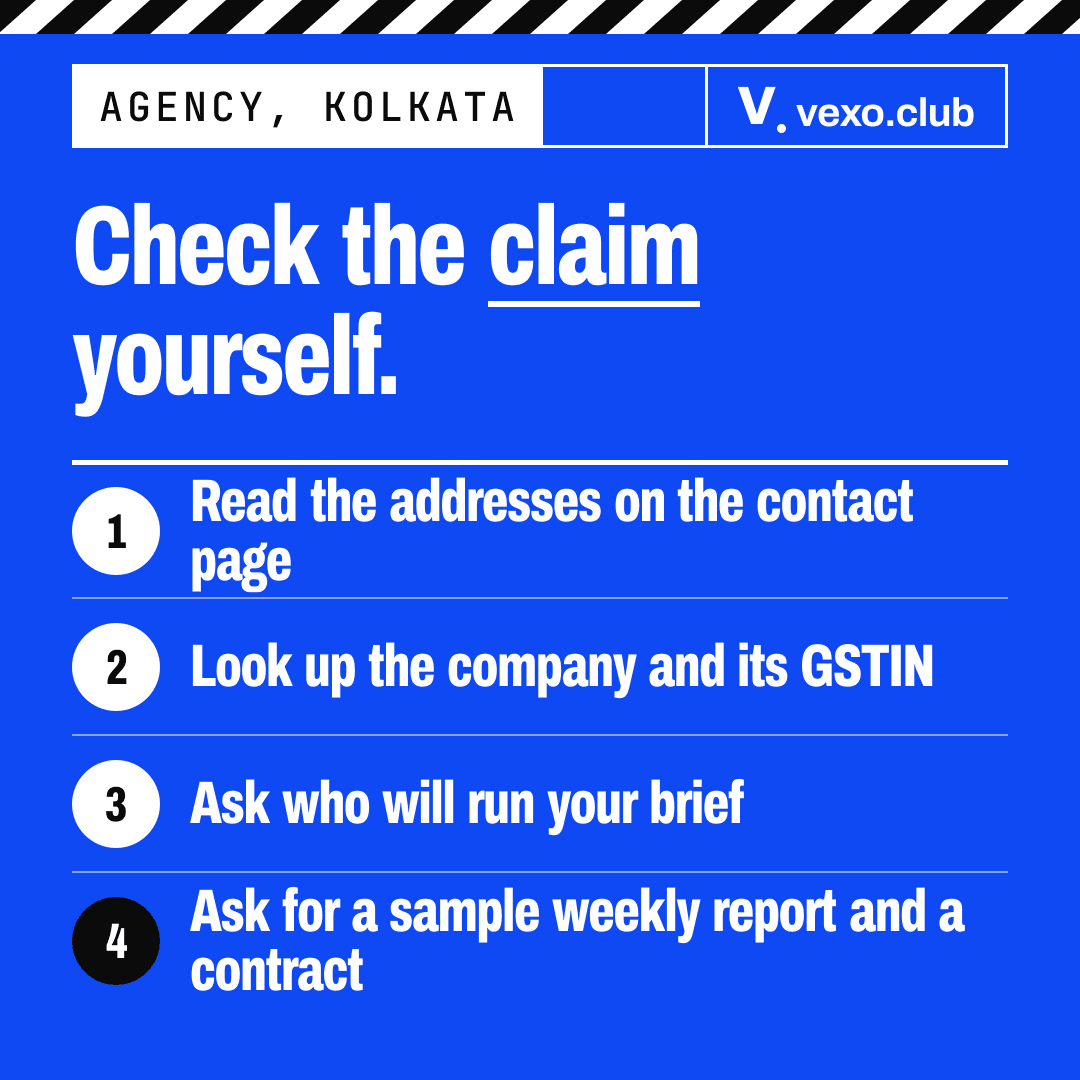 Four numbered checks for an agency page that names Kolkata: addresses, GSTIN, operator, report