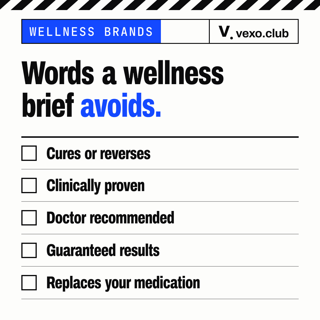 Ruled list of five claim phrases a wellness or supplement brief should avoid without substantiation on file