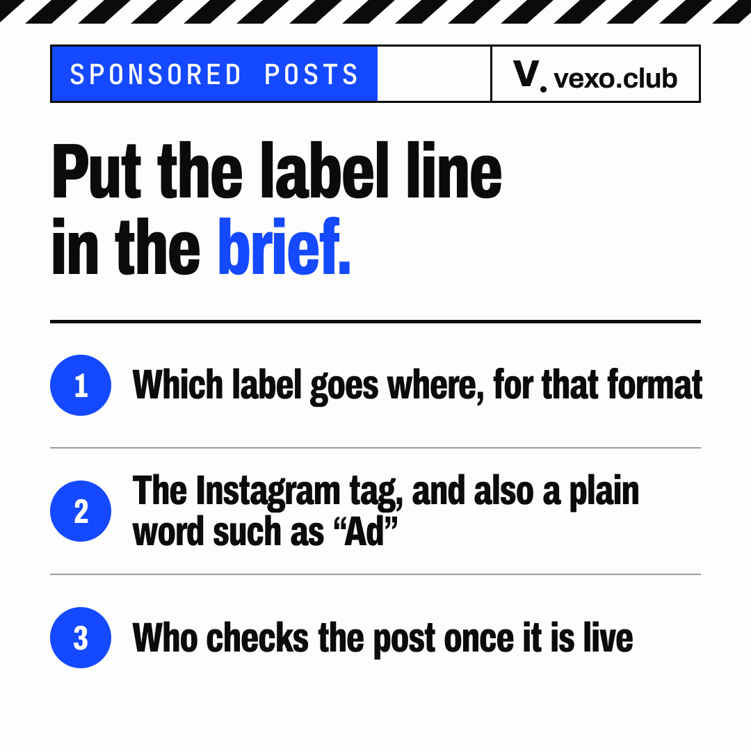 Three numbered parts of the label line in a brief for Instagram sponsored posts: label, tag and word, who checks