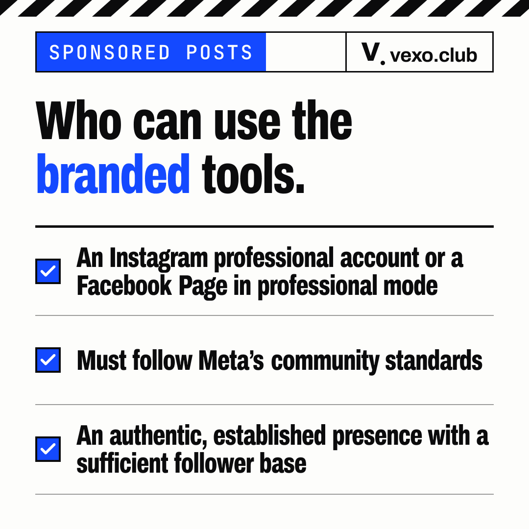 Checklist of what an account needs for Instagram’s paid partnership label: professional account, standards, presence