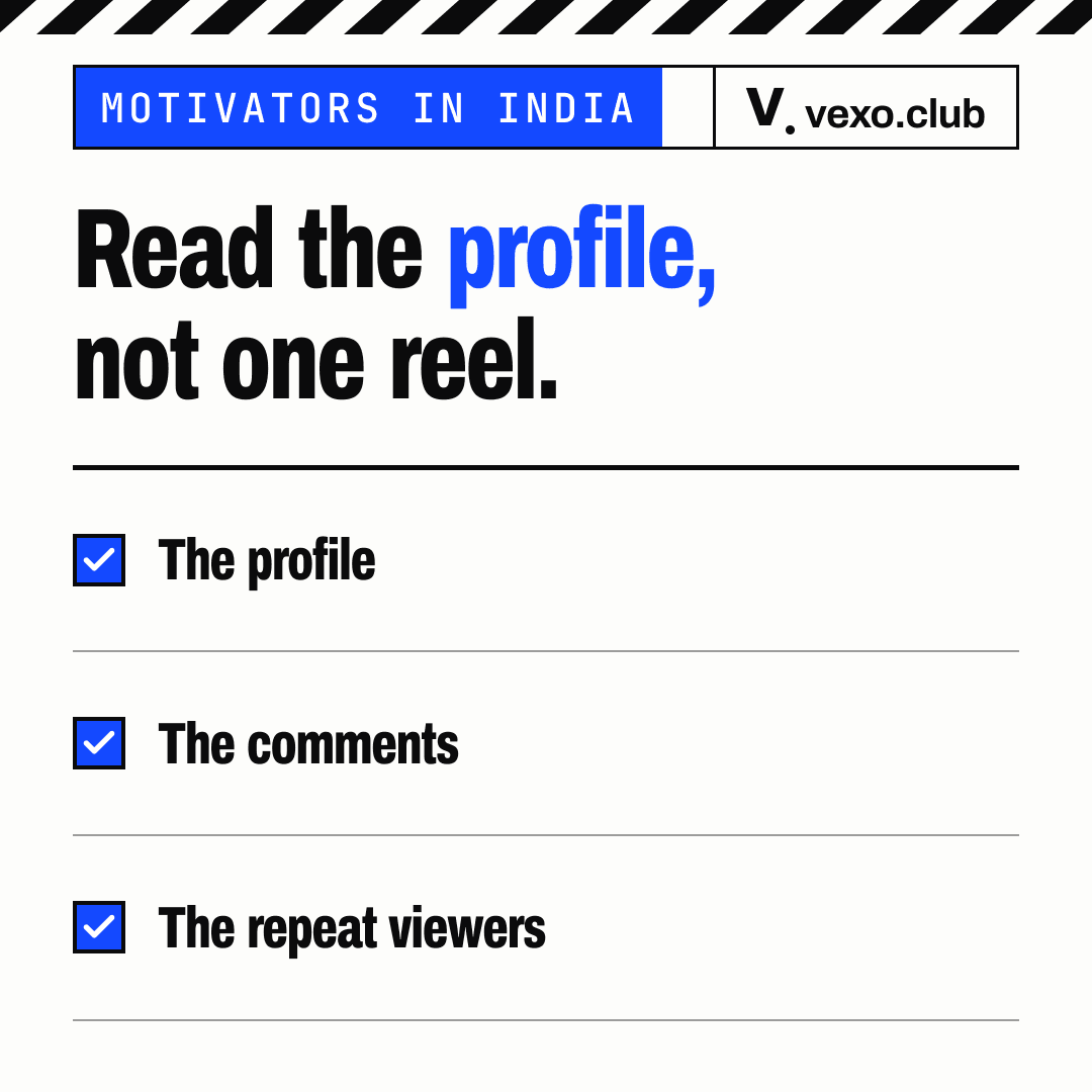 Checklist of what a brand reads on a motivational speaker’s Instagram profile: the profile, comments, repeat viewers