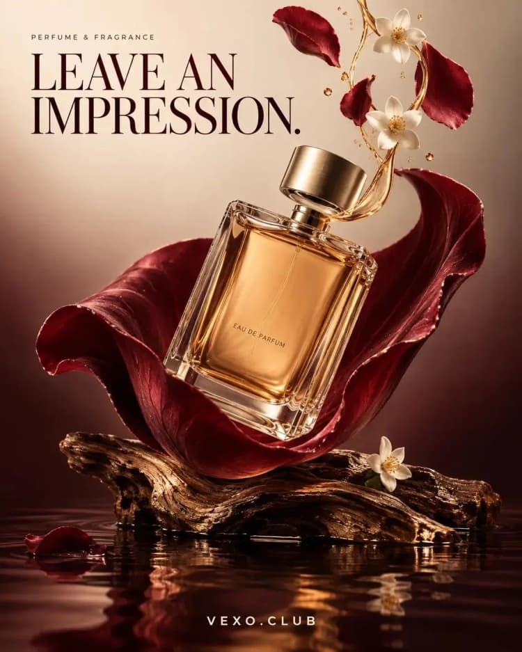 Fragrance key visual of a perfume bottle with light caustics and soft bloom, fragrance design by Vexo.club