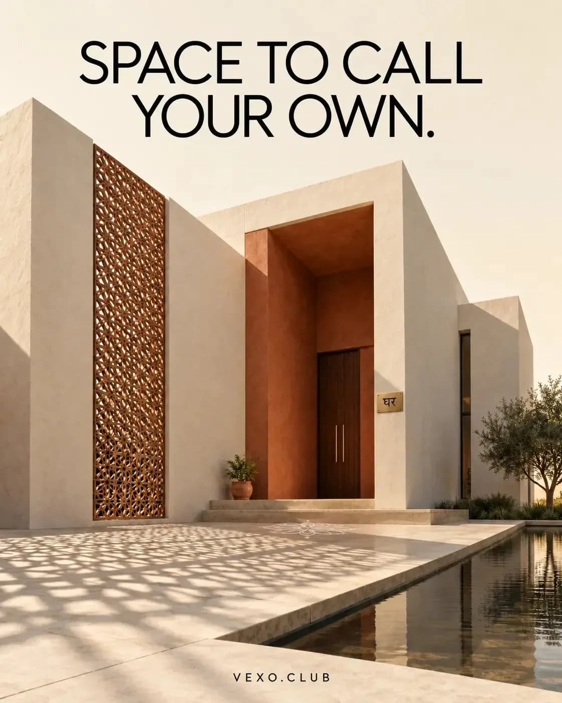 Residential real estate key visual of a home in warm evening light, real estate design by Vexo.club