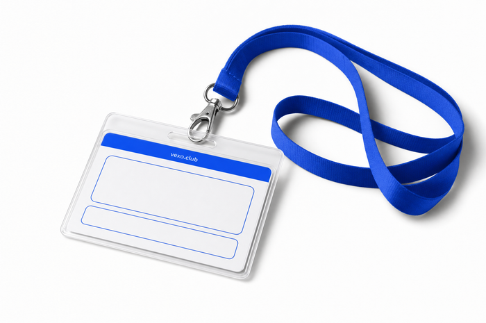 Clear event badge on a blue lanyard, a blue strip printed vexo.club across its top