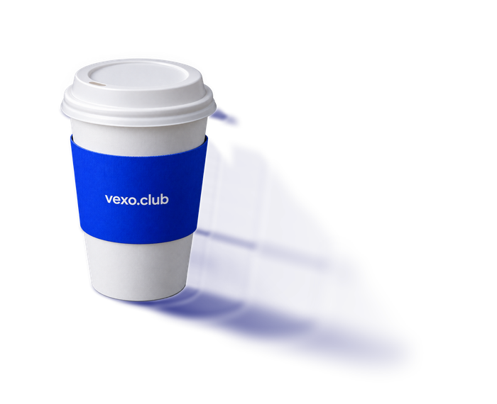 Paper coffee cup with a blue sleeve printed vexo.club