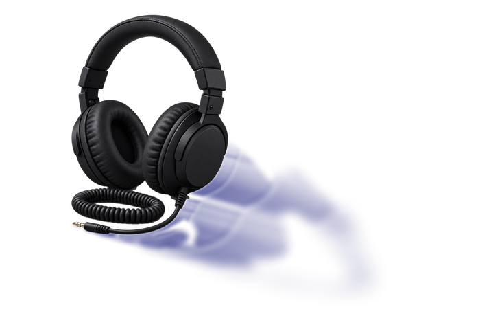 Black studio headphones with a coiled cable