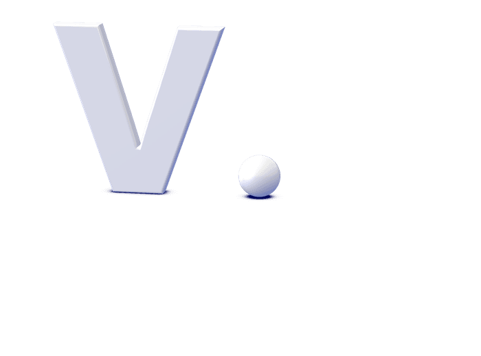 The vexo.club V· mark in 3D: a pale letter V and its dot as a small sphere
