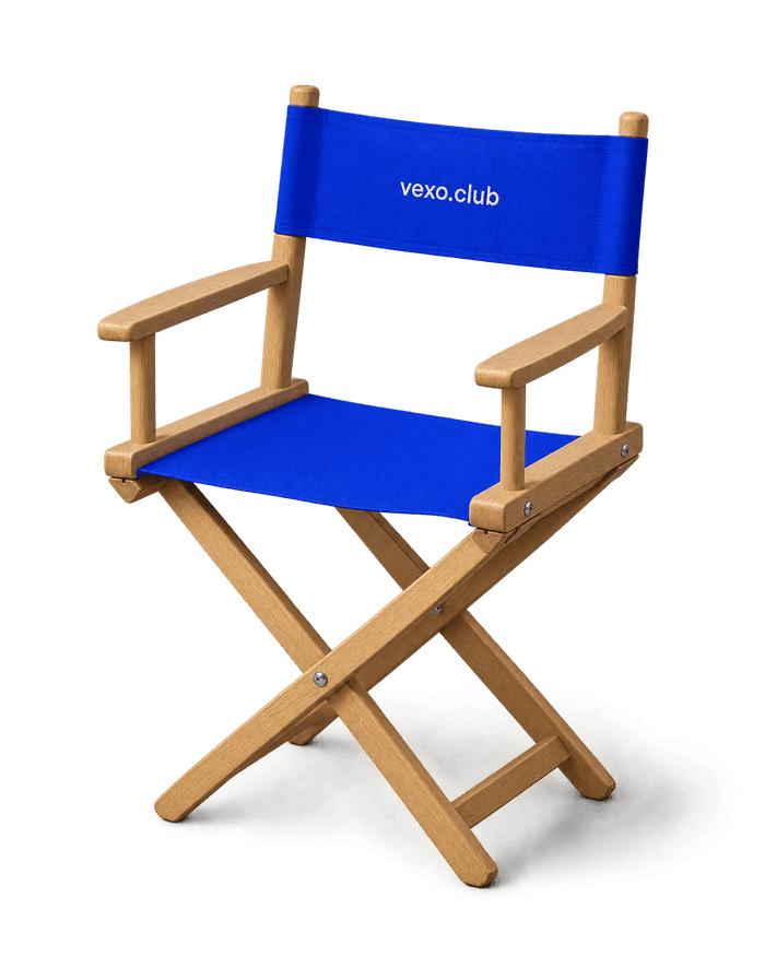 Wooden director’s chair with a blue canvas seat and back printed vexo.club