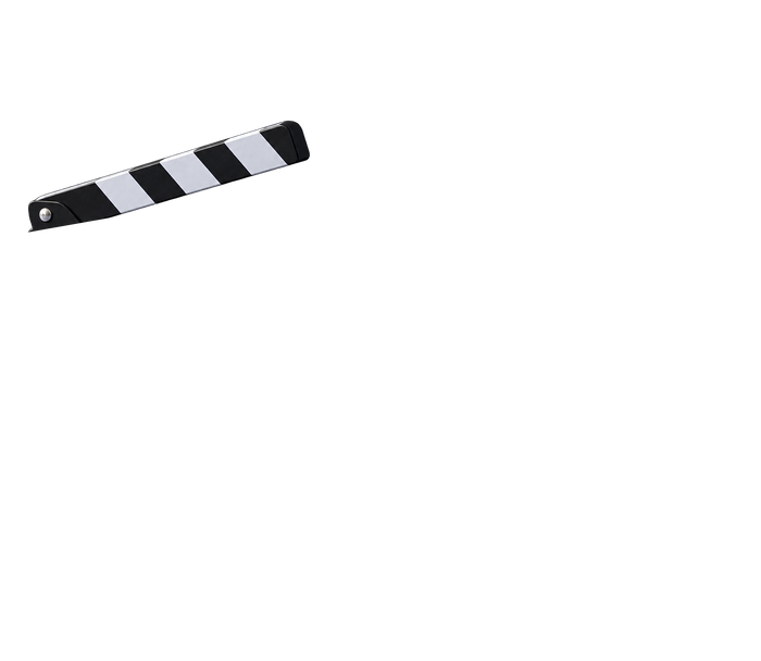 The striped arm of the clapperboard, raised on its hinge