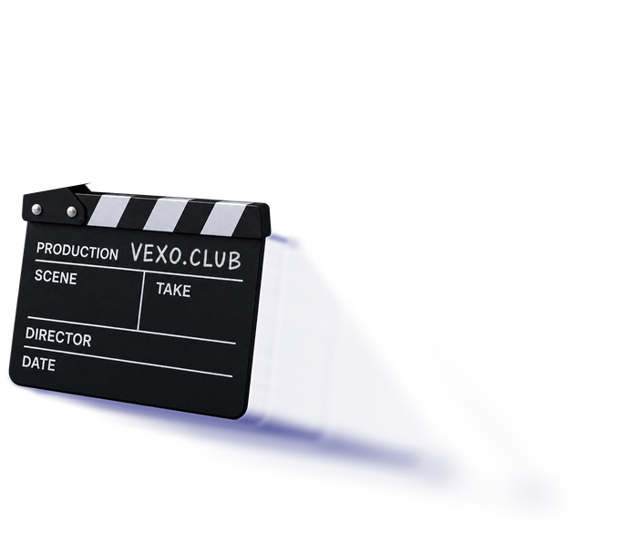 The slate of the clapperboard, production line reading vexo.club, chalked with the scene, the take and the date