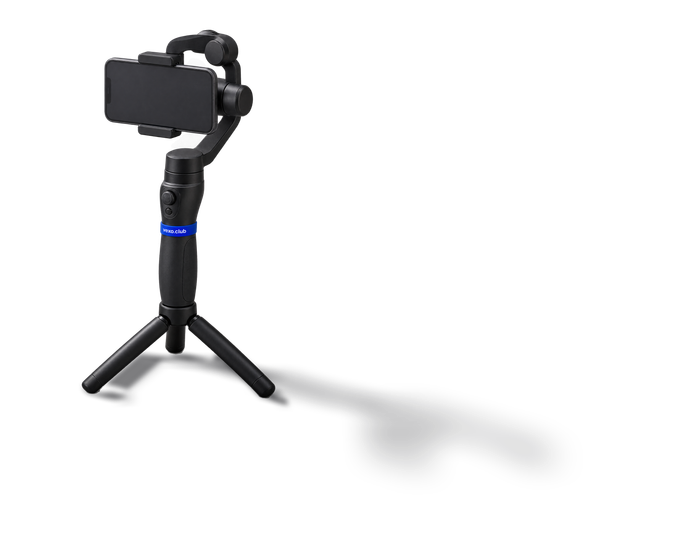Phone gimbal on a small tripod, a blue band round its grip
