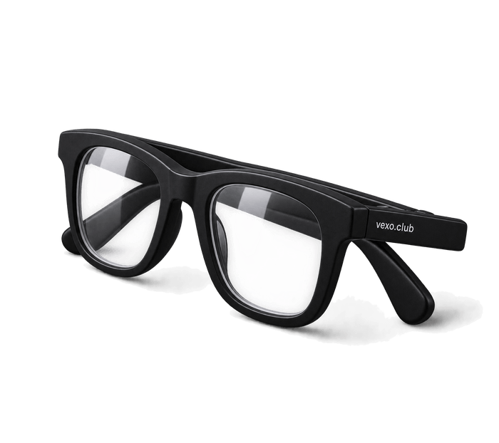 Folded reading glasses, vexo.club on a temple arm