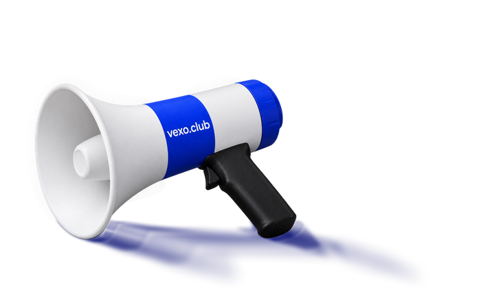 White megaphone with a blue band printed vexo.club