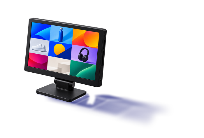 Field monitor on a black stand showing a grid of colourful product frames