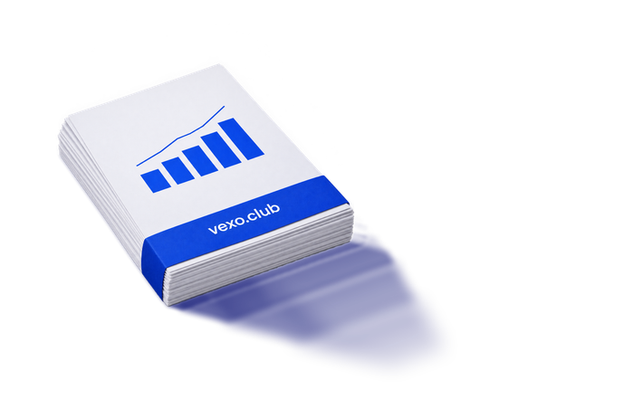 Printed performance report with a blue band at the foot, an abstract rising chart on its top sheet