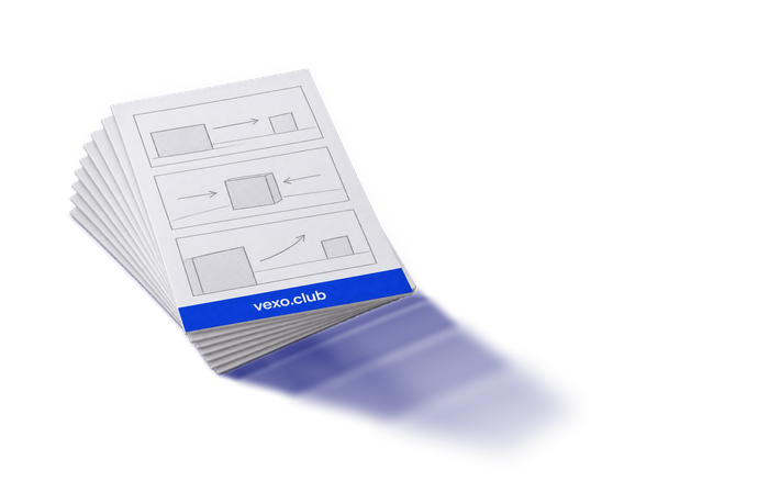 Stack of storyboard cards with ruled, blocked frames and a blue foot bar printed vexo.club