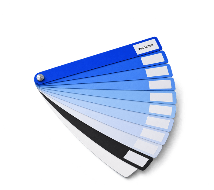 Swatch book fanned open in shades of blue, the top label reading vexo.club